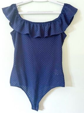 Express Blue Eyelet Ruffle Off Shoulder Bodysuit Size M
